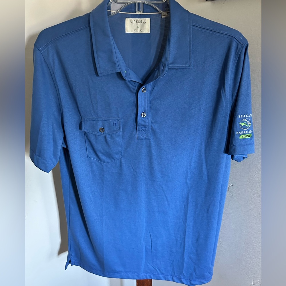 Linksoul Polo Shirt Mens Short Sleeve Logo on Left Sleeve Color Blue Size L NWOT